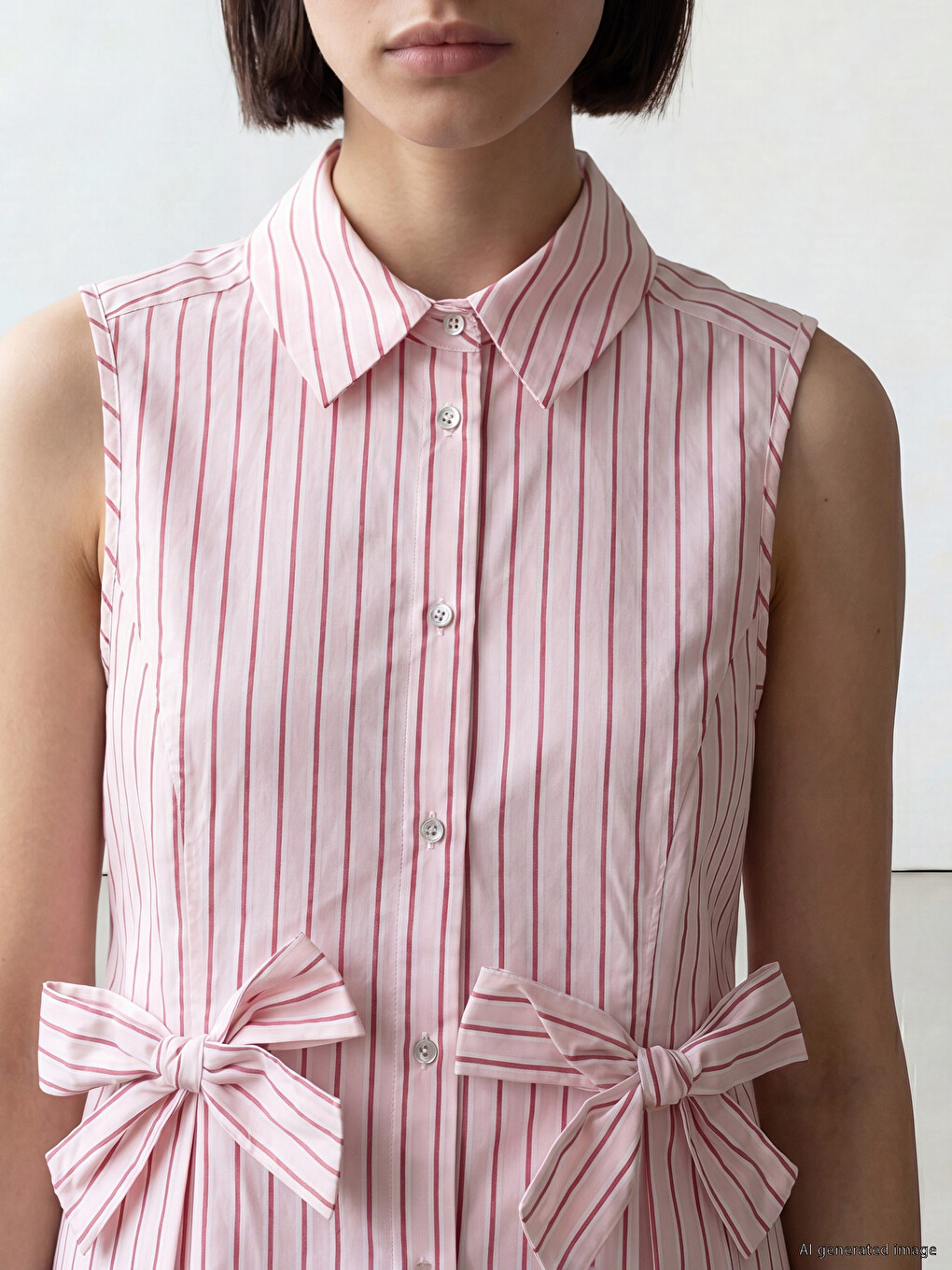 Collared Neck Striped Bowed Blouse-2