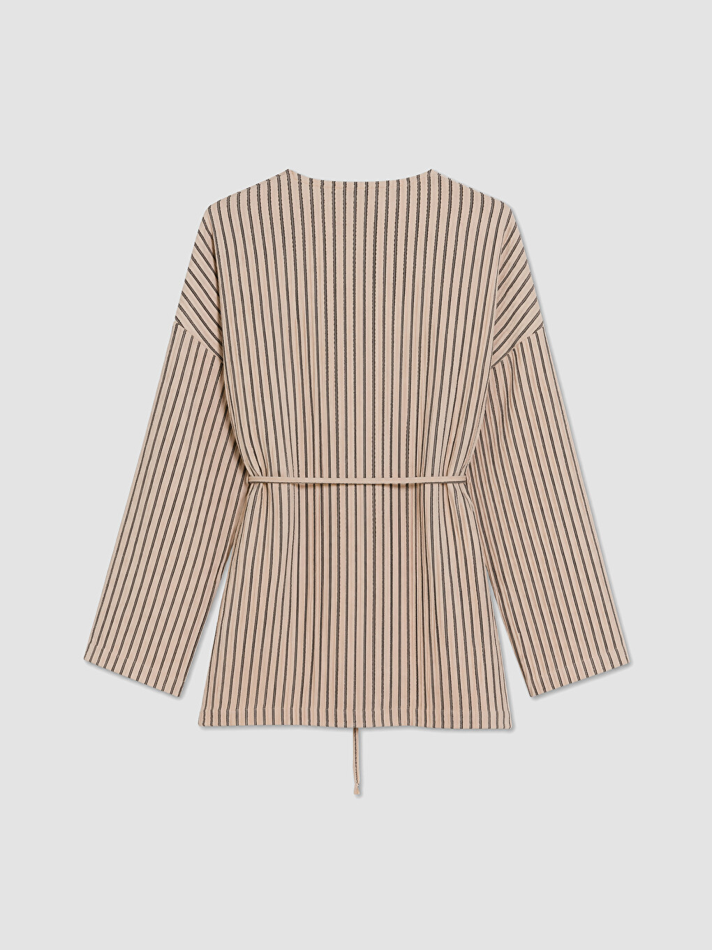 Ekru V Yaka Çizgili Oversize Kadın Hırka-2