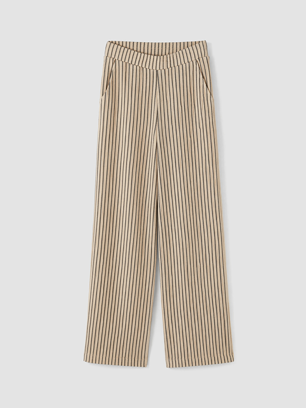 Ekru Beli Lastikli Çizgili Kadın Pantolon