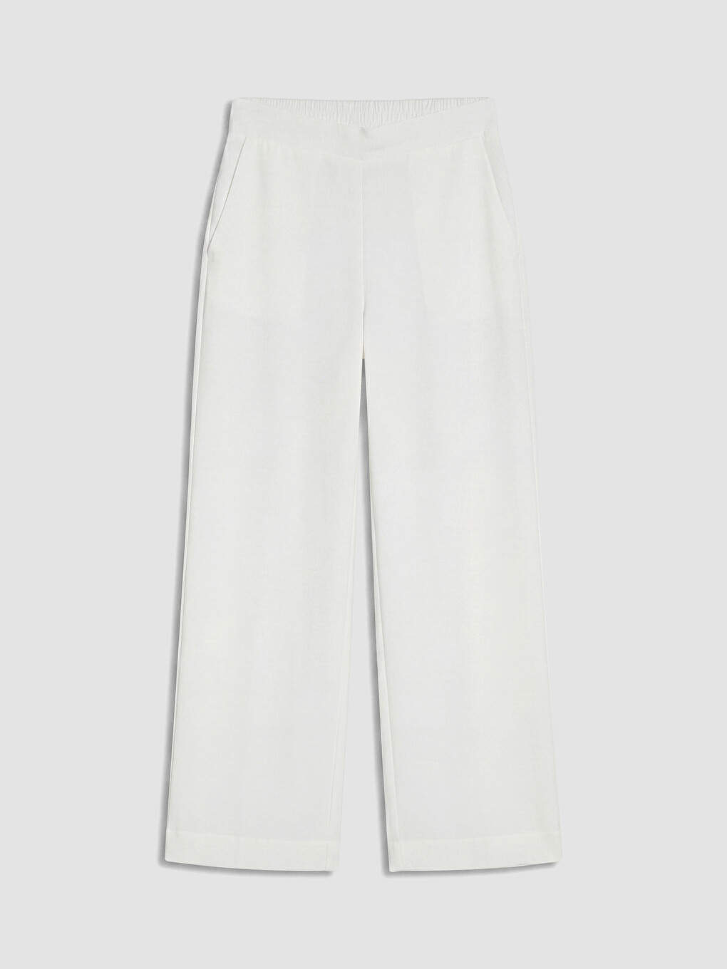 Beyaz Beli Lastikli Geniş Paça Kadın Pantolon