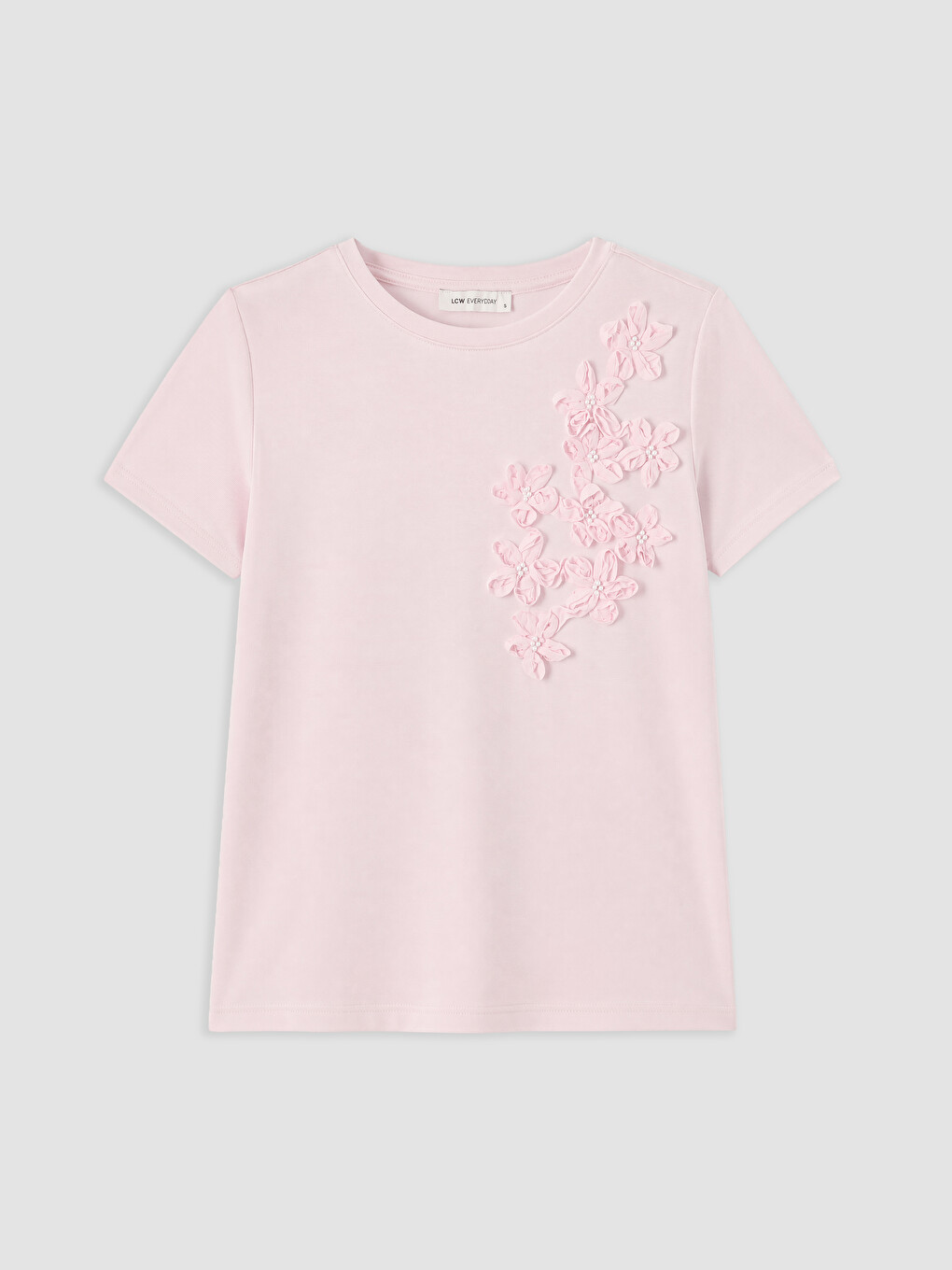 Pembe Bisiklet Yaka Nakışlı Kadın Tişört