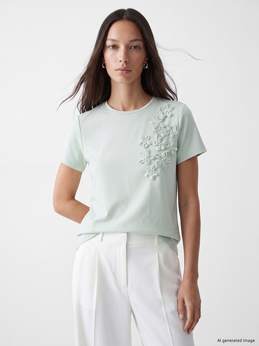 Crew Neck Floral Embroidered Women's T-Shirt