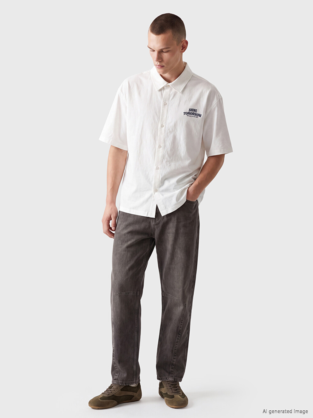 Ekru Relax Fit Baskılı Gabardin Erkek Gömlek-1