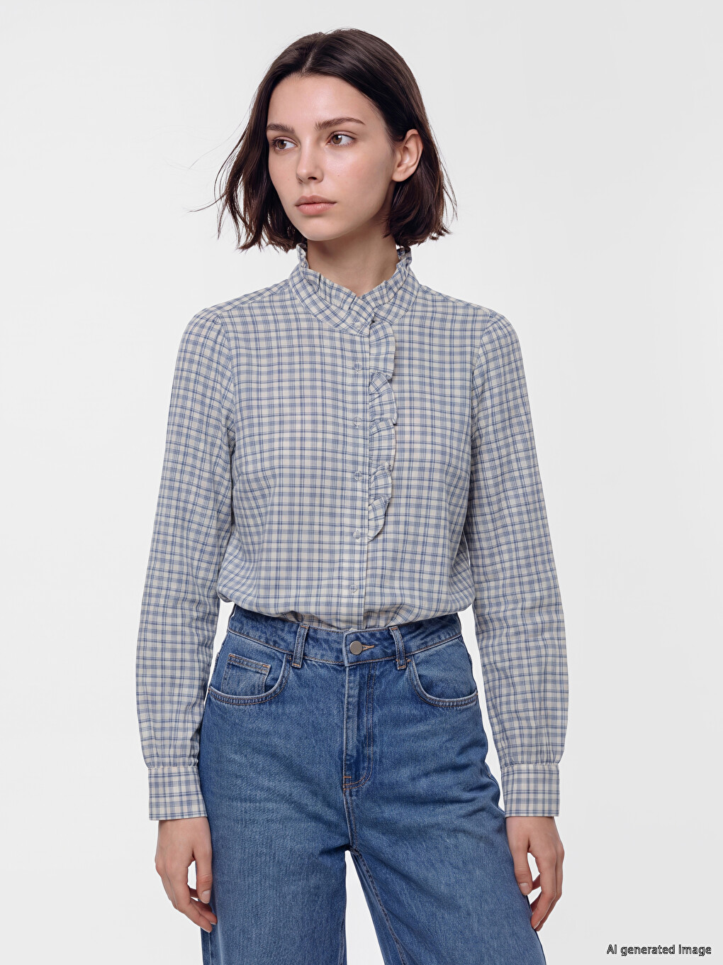 Grandad Collar Plaid Women's Shirt