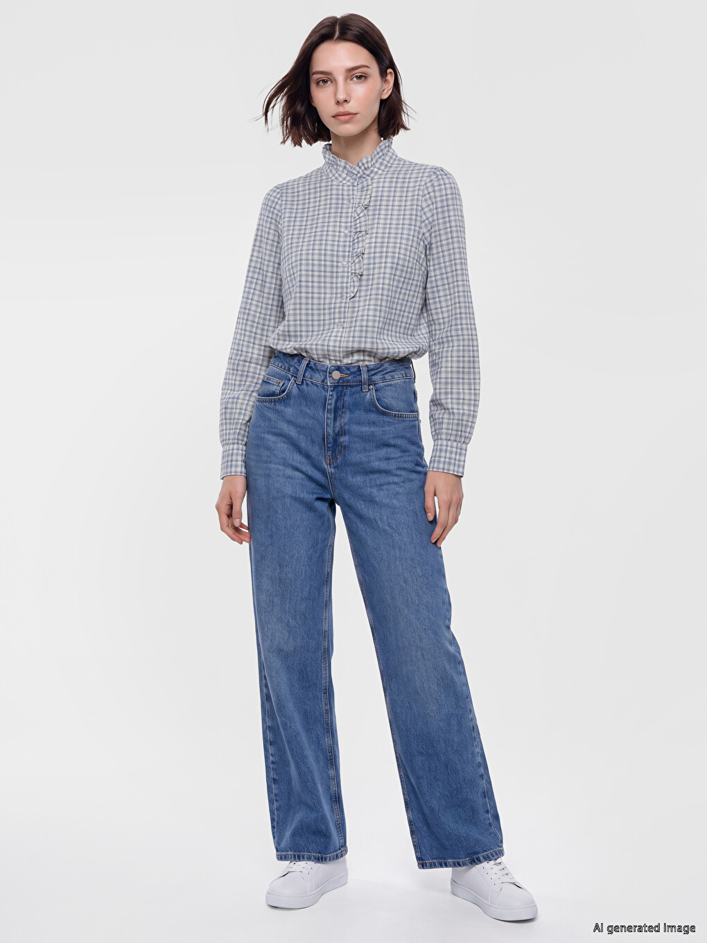 Grandad Collar Plaid Women's Shirt-1