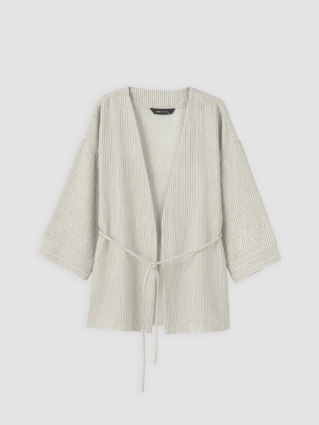 Bej Şal Yaka Çizgili Kuşaklı Kadın Kimono