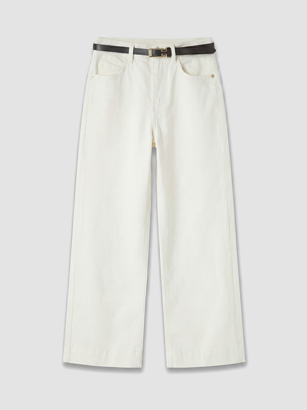 Beyaz Beli Kemerli Wideleg Kadın Jean Pantolon