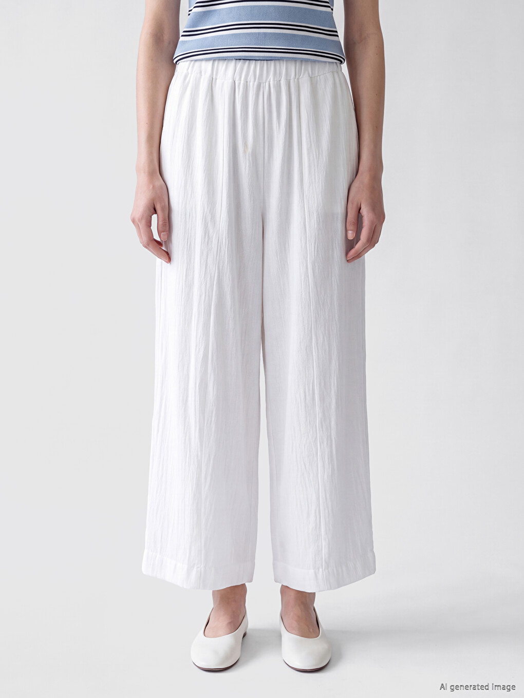Beyaz Beli Lastikli Geniş Paça Kadın Pantolon-1