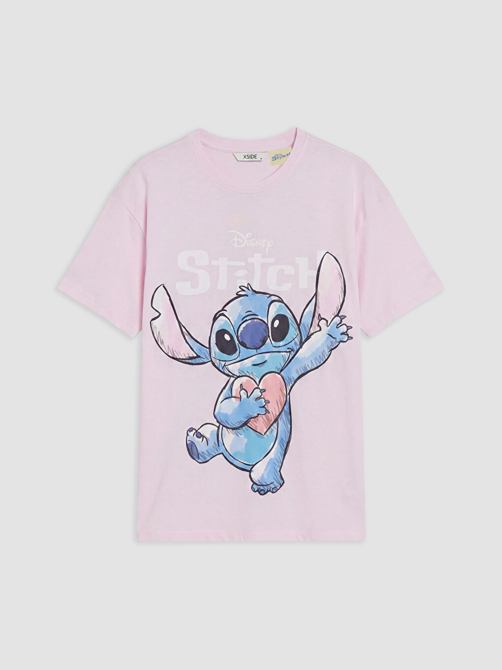 Pembe Stitch Baskılı %100 Pamuklu Kadın Tişört