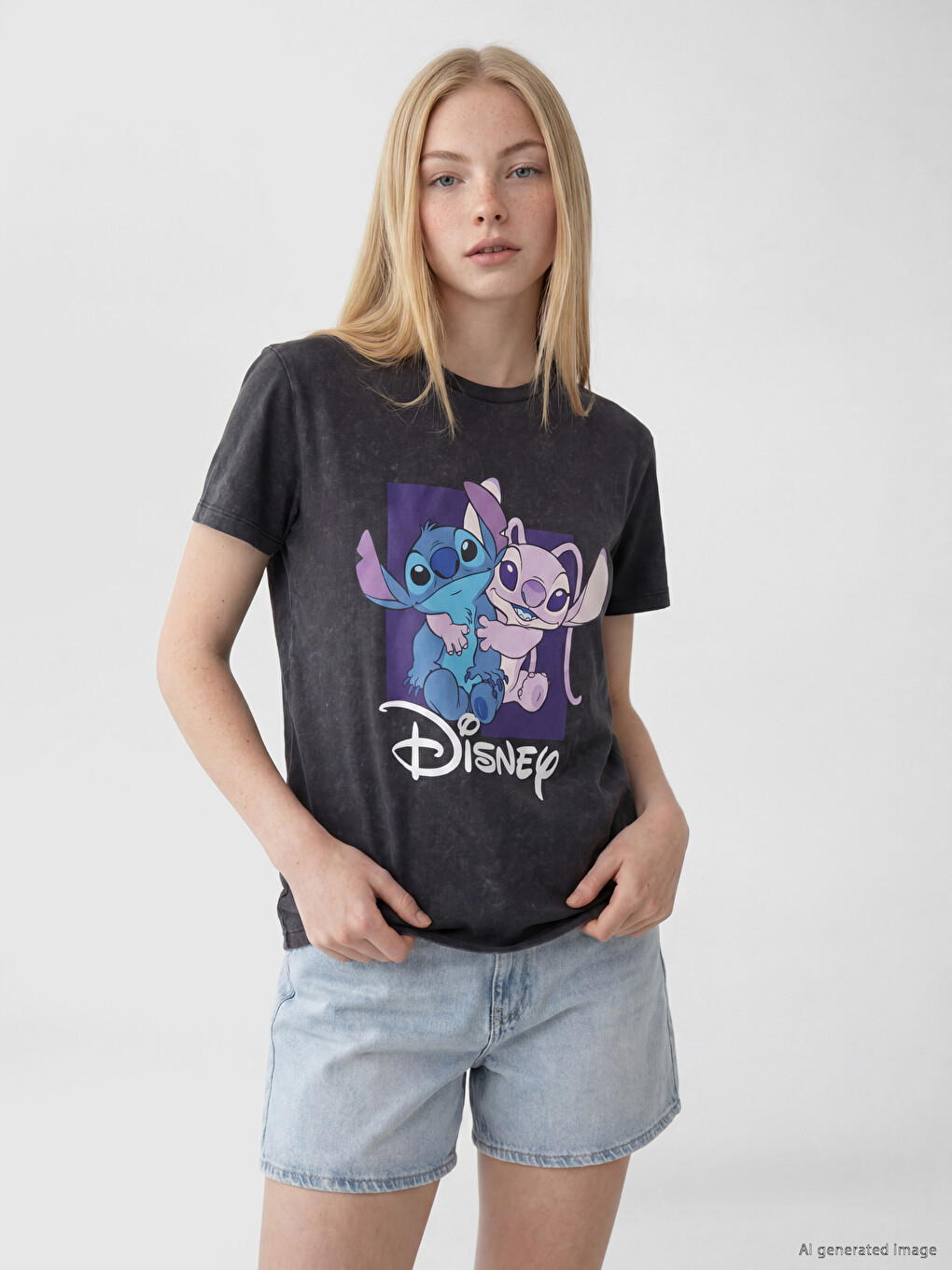 Antrasit Stitch Baskılı %100 Pamuklu Kadın Tişört