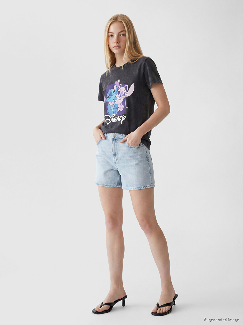 Antrasit Stitch Baskılı %100 Pamuklu Kadın Tişört-1