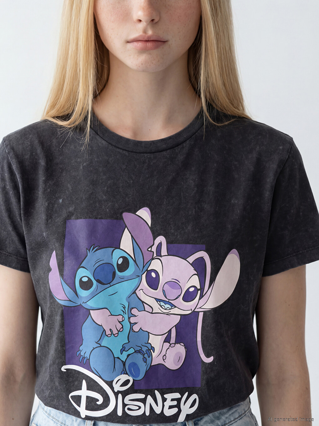 Antrasit Stitch Baskılı %100 Pamuklu Kadın Tişört-2