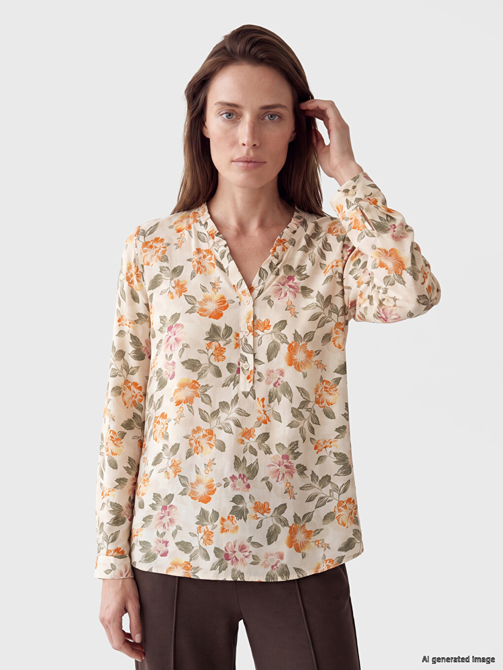 V Neck Frilled Floral Blouse