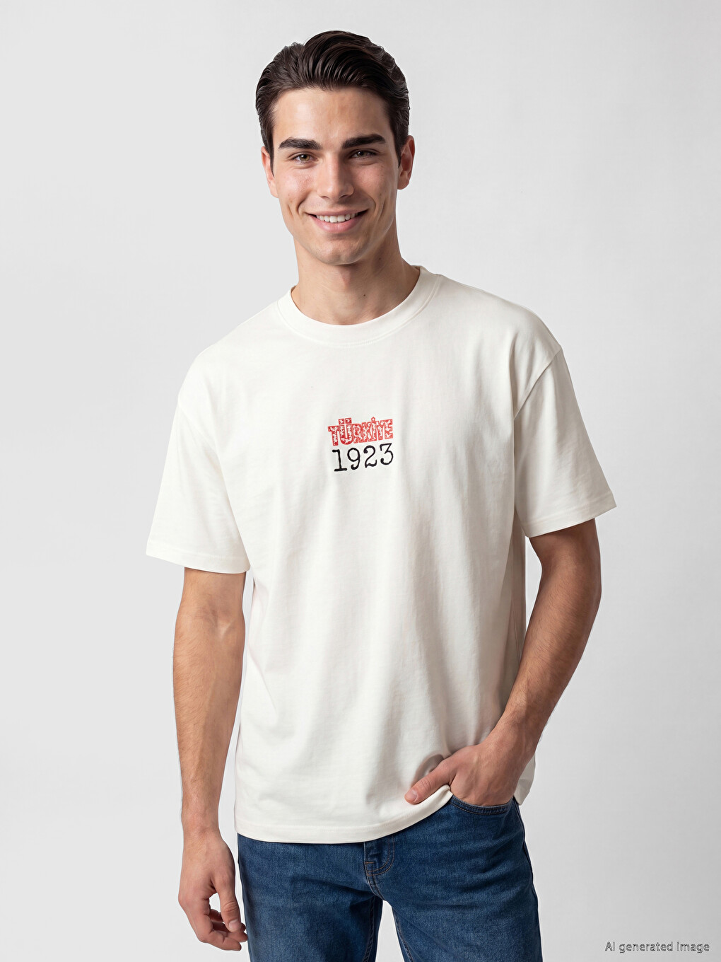 Beyaz Relax Fit Türkiye Baskılı Erkek Tişört-1