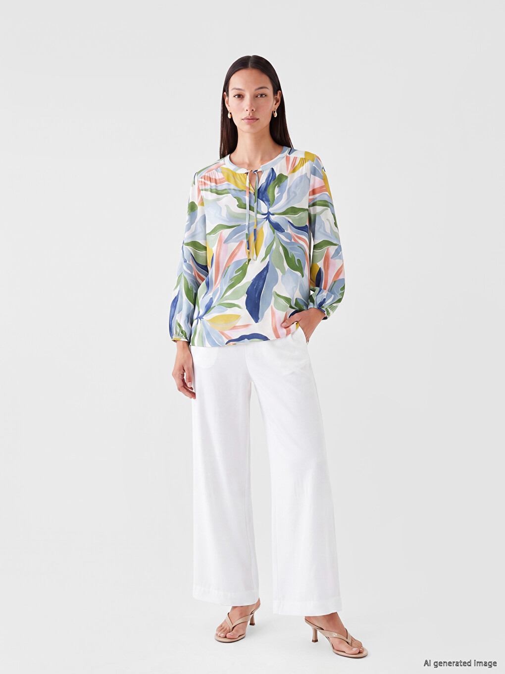 Tie Neck Floral Gathered Blouse-1