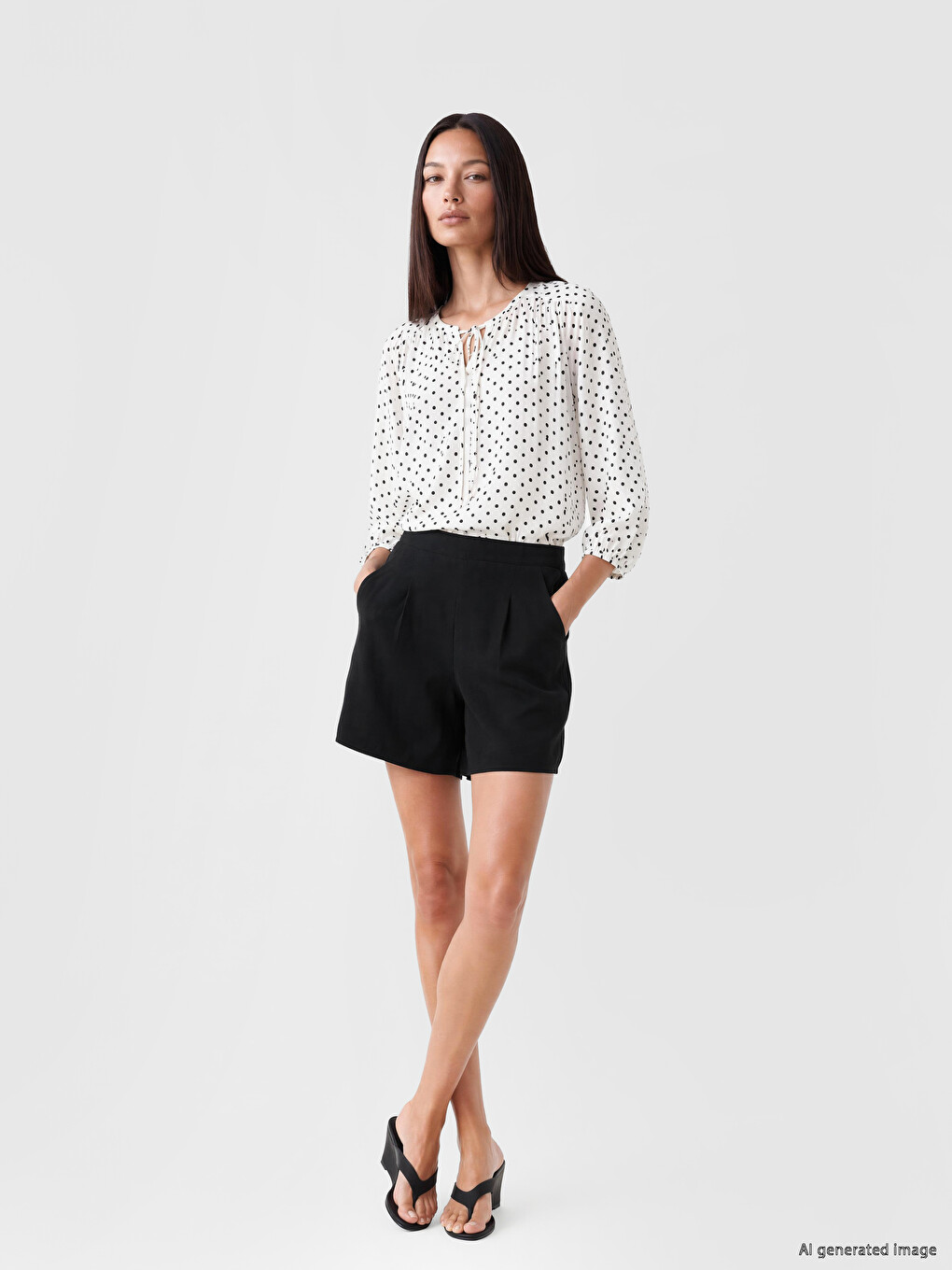 Tie Neck Polka Dot Gathered Blouse-1