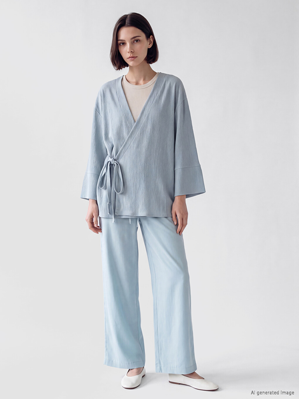 Mavi Kruvaze Yaka Oversize Kadın Kimono-1