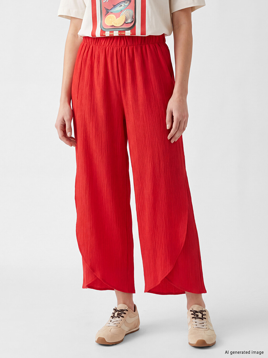 Kırmızı Beli Lastikli Dokulu Kadın Pantolon-1