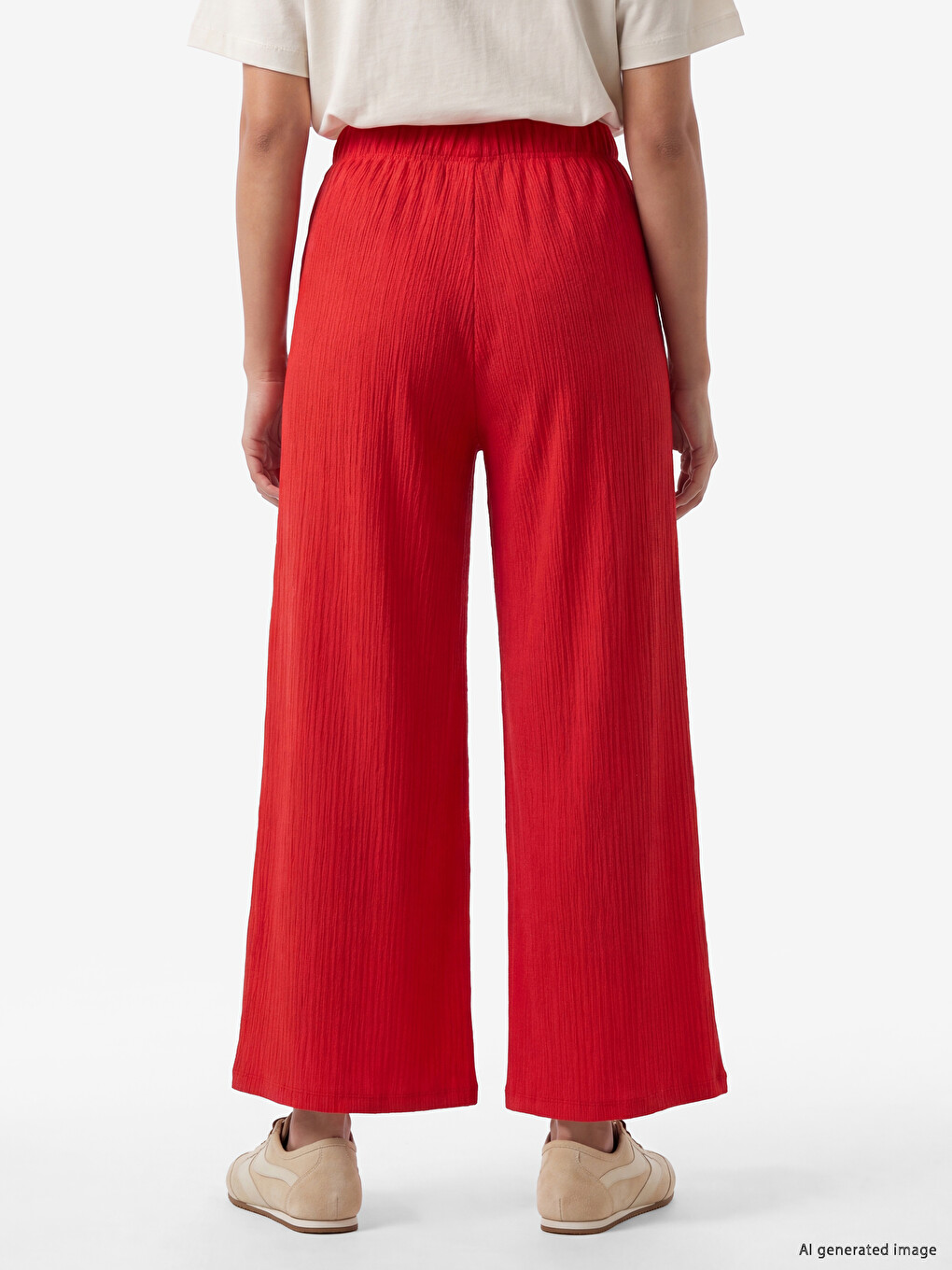 Kırmızı Beli Lastikli Dokulu Kadın Pantolon-3