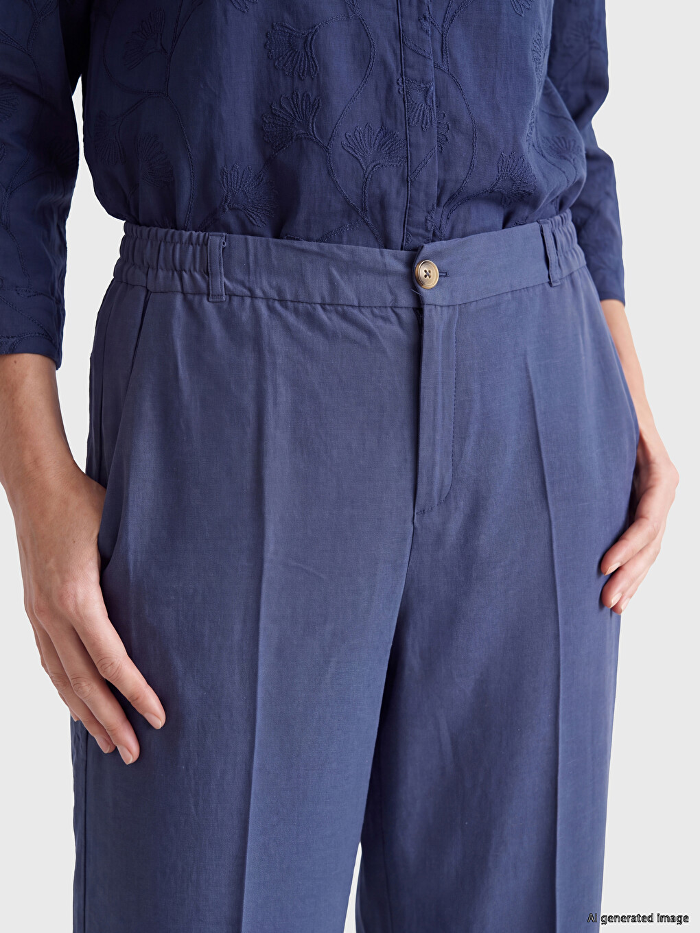 Elastic Waist Linen Blend Women's Trousers-2