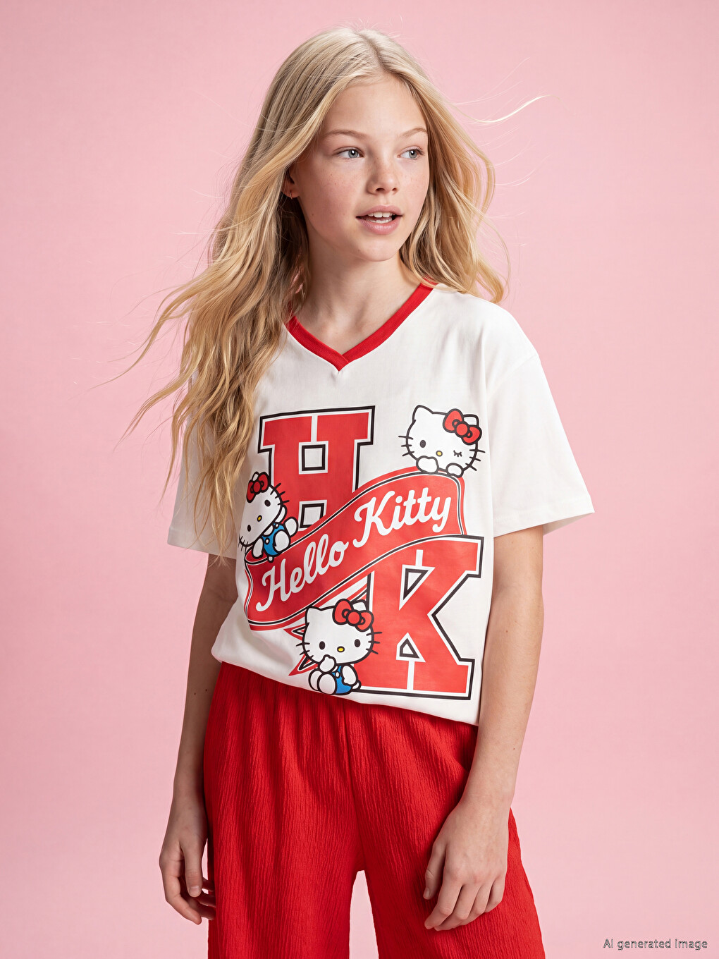 T-shirt Hello Kitty E Stampuar Për Vajza, Me Prekje Të Butë-1