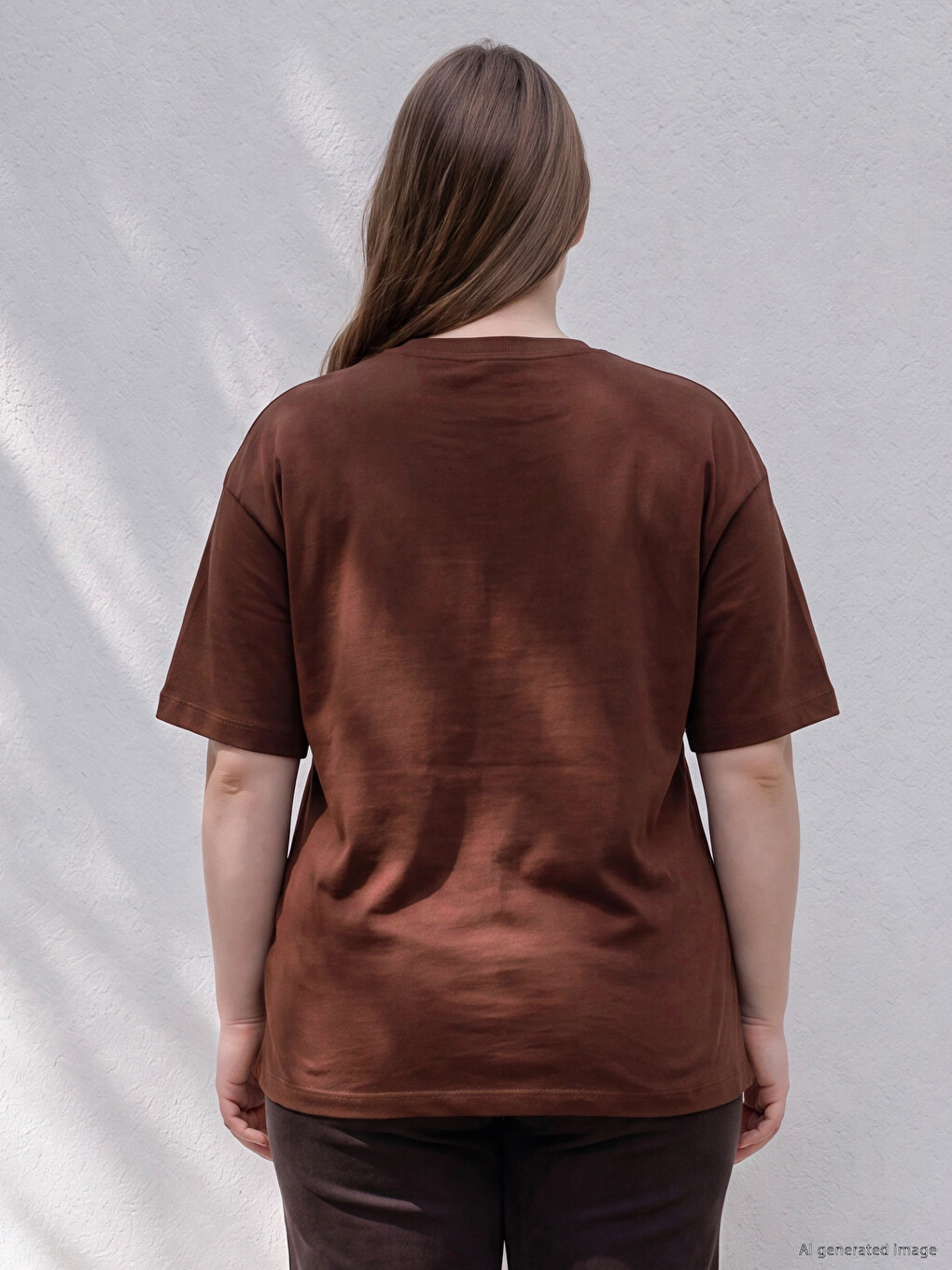 Kahverengi Büyük Beden %100 Pamuklu Oversize Kadın Tişört-3