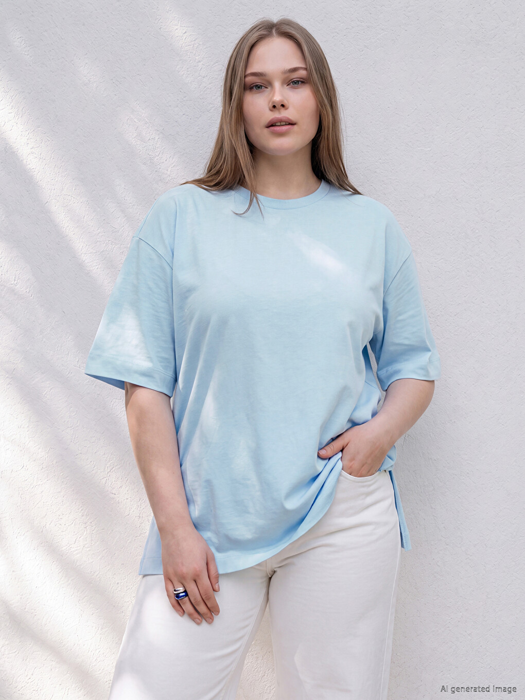 Mavi Büyük Beden %100 Pamuklu Oversize Kadın Tişört