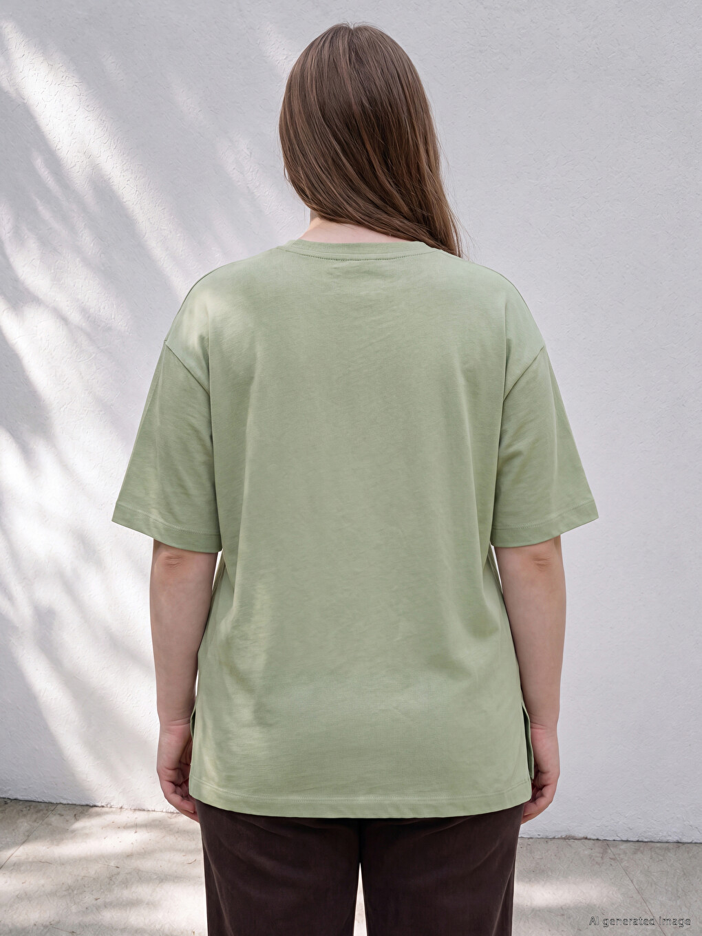 Yeşil Büyük Beden %100 Pamuklu Oversize Kadın Tişört-3