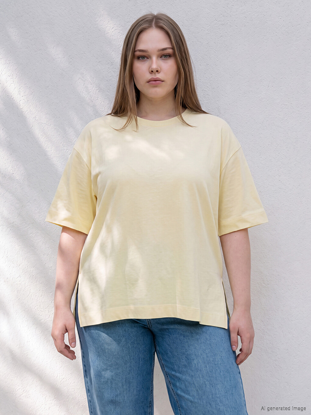 Sarı Büyük Beden %100 Pamuklu Oversize Kadın Tişört