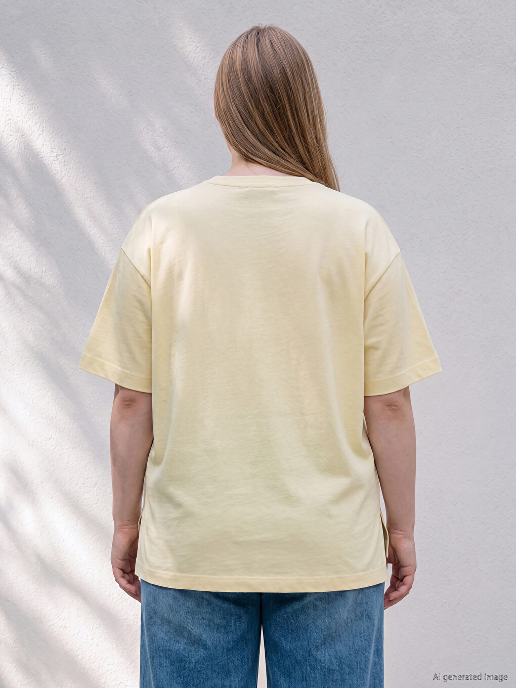 Sarı Büyük Beden %100 Pamuklu Oversize Kadın Tişört-3