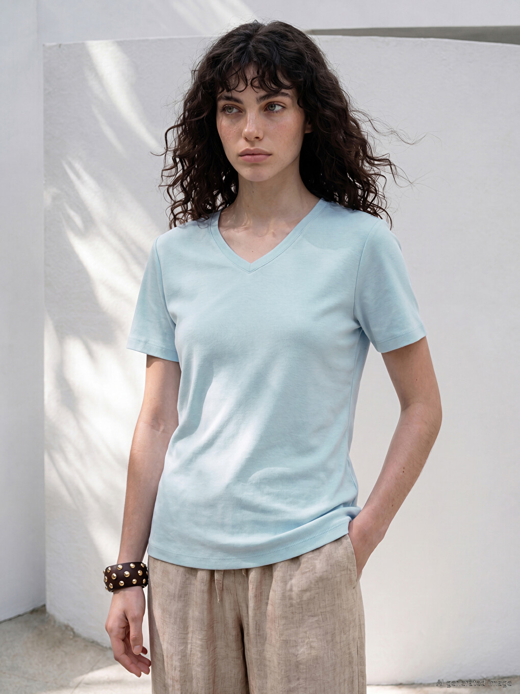V Neck 100% Cotton Women's T-shirt