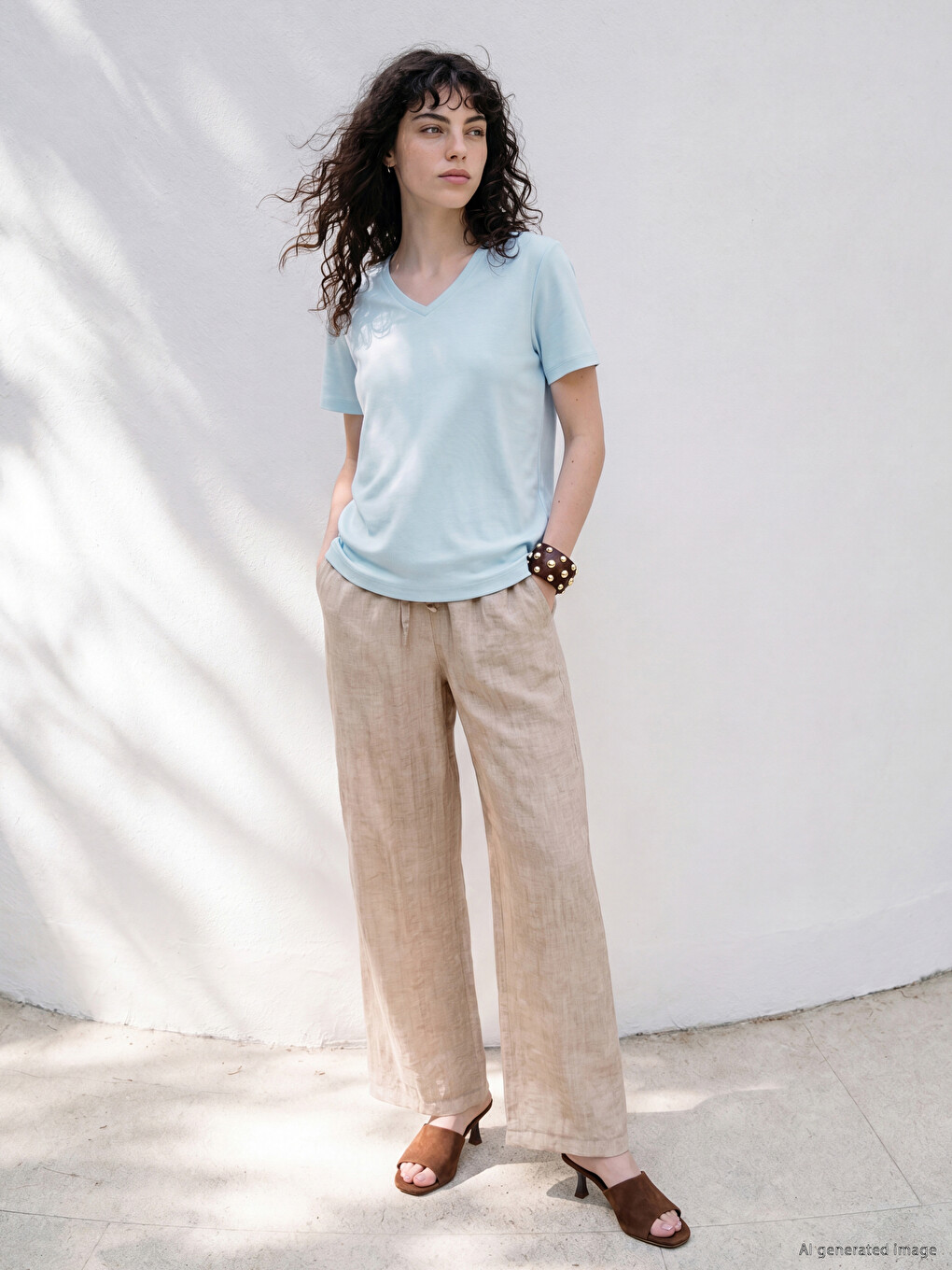 V Neck 100% Cotton Women's T-shirt-1