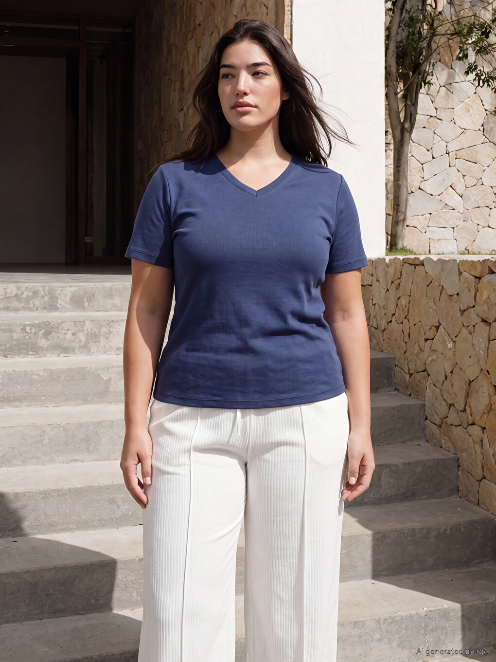 V Neck 100% Cotton Women's T-shirt-3