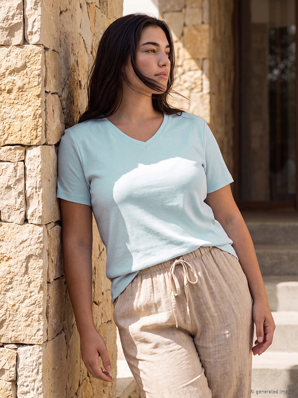 V Neck 100% Cotton Women's T-shirt-4