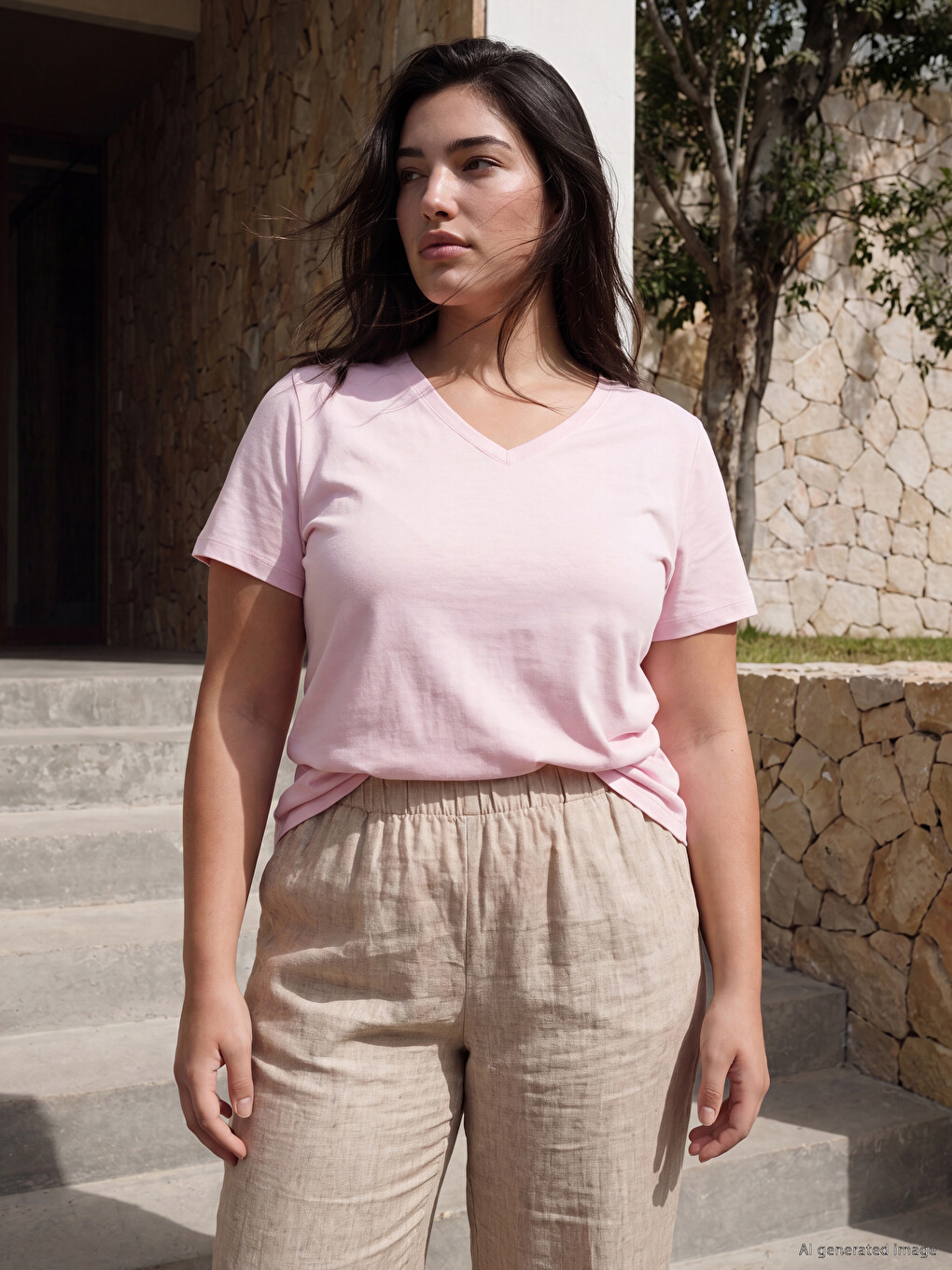 V Neck 100% Cotton Women's T-shirt-4