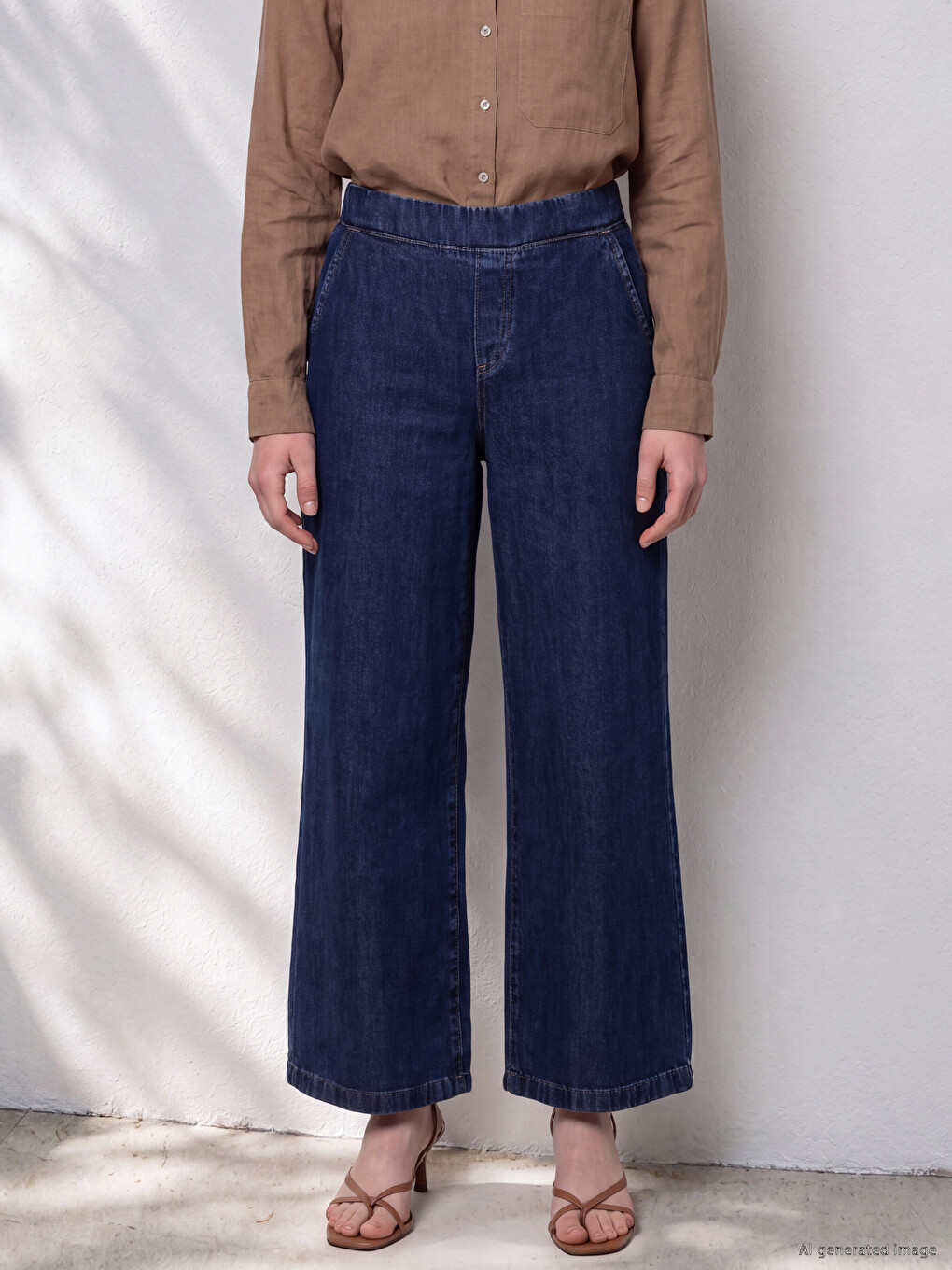 Lacivert Beli Lastikli Wideleg Kadın Jean Pantolon-1