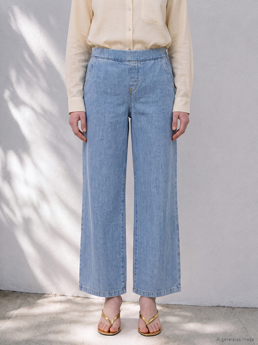 Mavi Beli Lastikli Wideleg Kadın Jean Pantolon-1