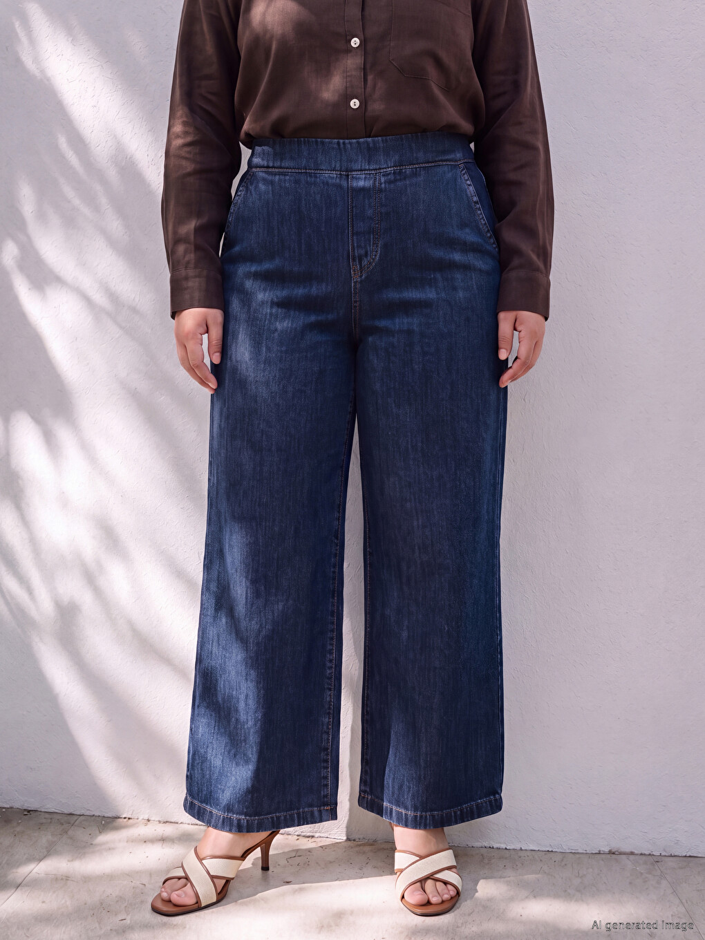 Lacivert Beli Lastikli Wideleg Kadın Jean Pantolon-3