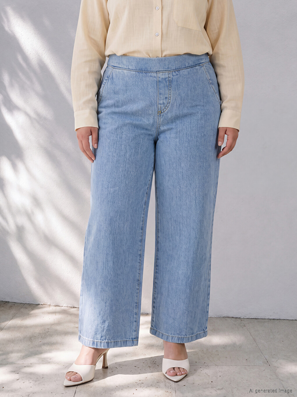Mavi Beli Lastikli Wideleg Kadın Jean Pantolon-3