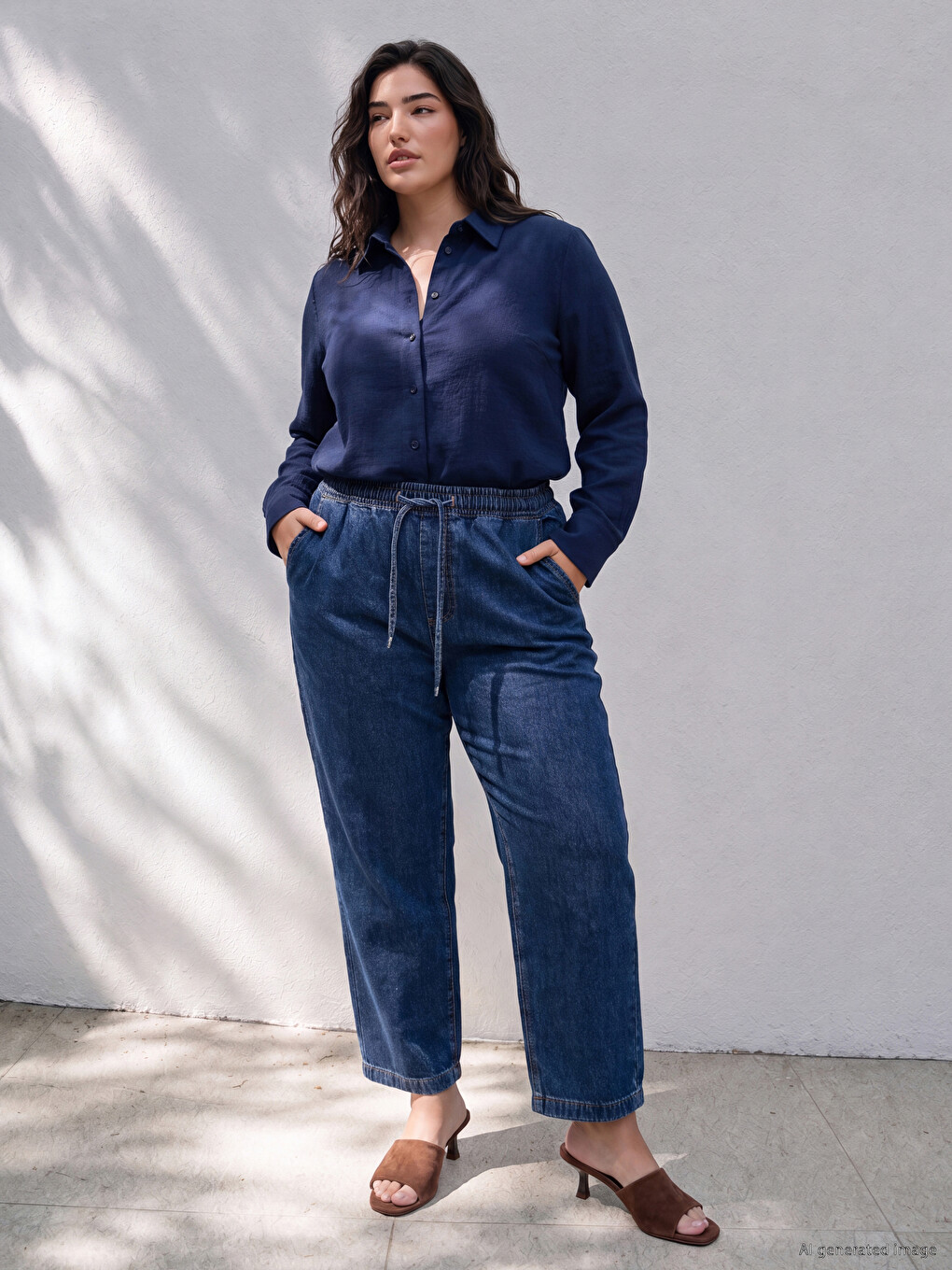 Lacivert Beli Lastikli Carrot Fit Kadın Jean Pantolon