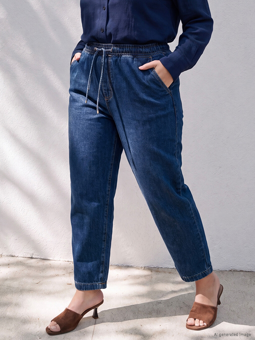 Lacivert Beli Lastikli Carrot Fit Kadın Jean Pantolon-1