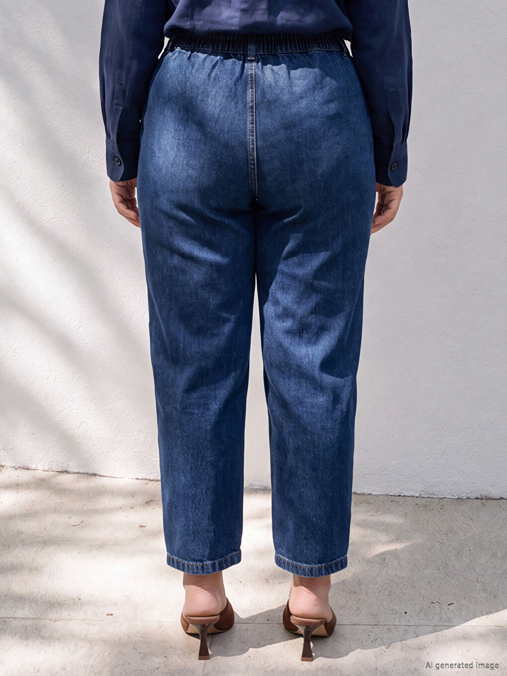Lacivert Beli Lastikli Carrot Fit Kadın Jean Pantolon-3