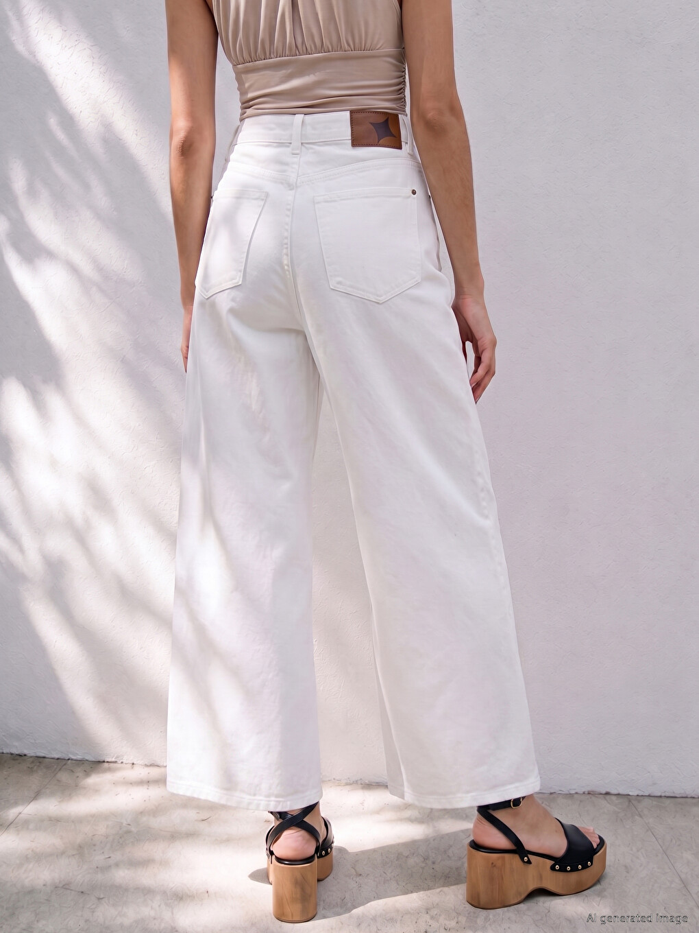 Beyaz Wideleg Kadın Jean Pantolon-2