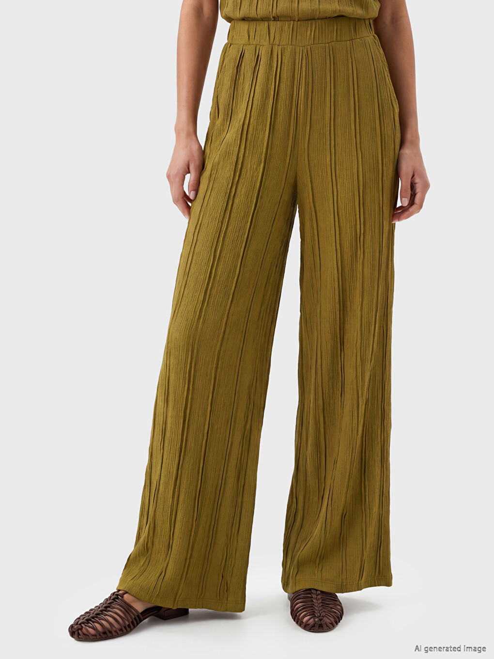 Yeşil Beli Lastikli Dokulu Kadın Pantolon-1