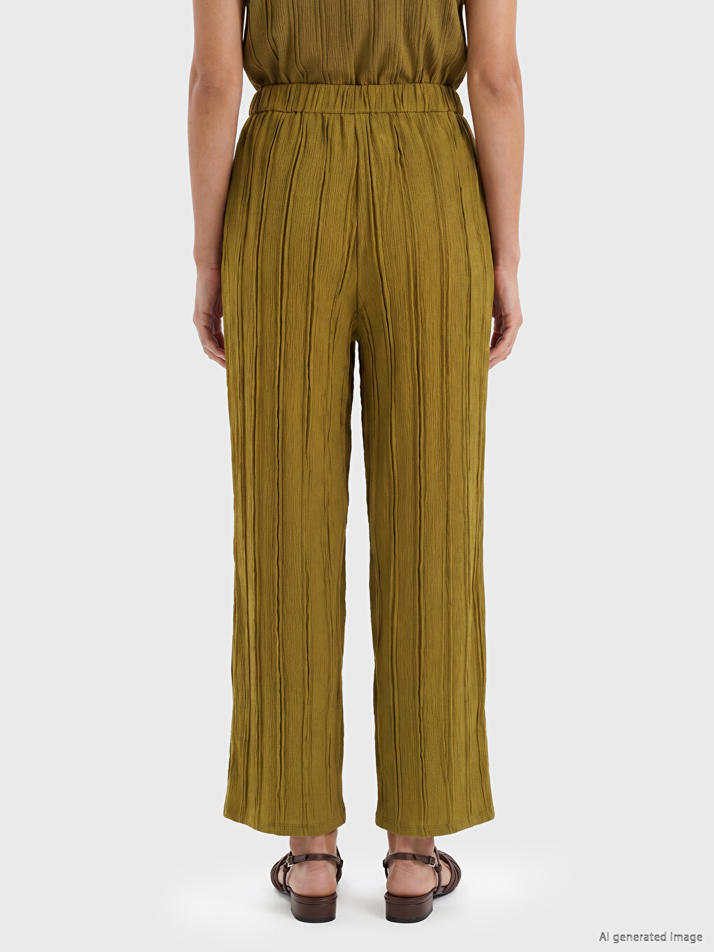 Yeşil Beli Lastikli Dokulu Kadın Pantolon-3