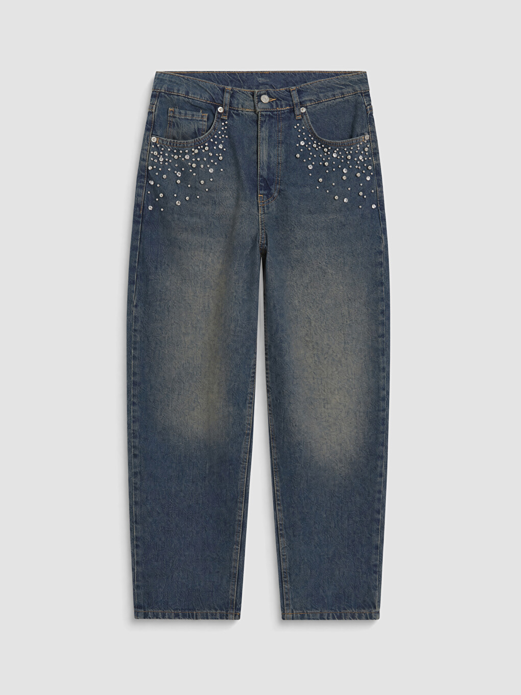 İndigo Barrel Fit Taşlı Kadın Jean Pantolon