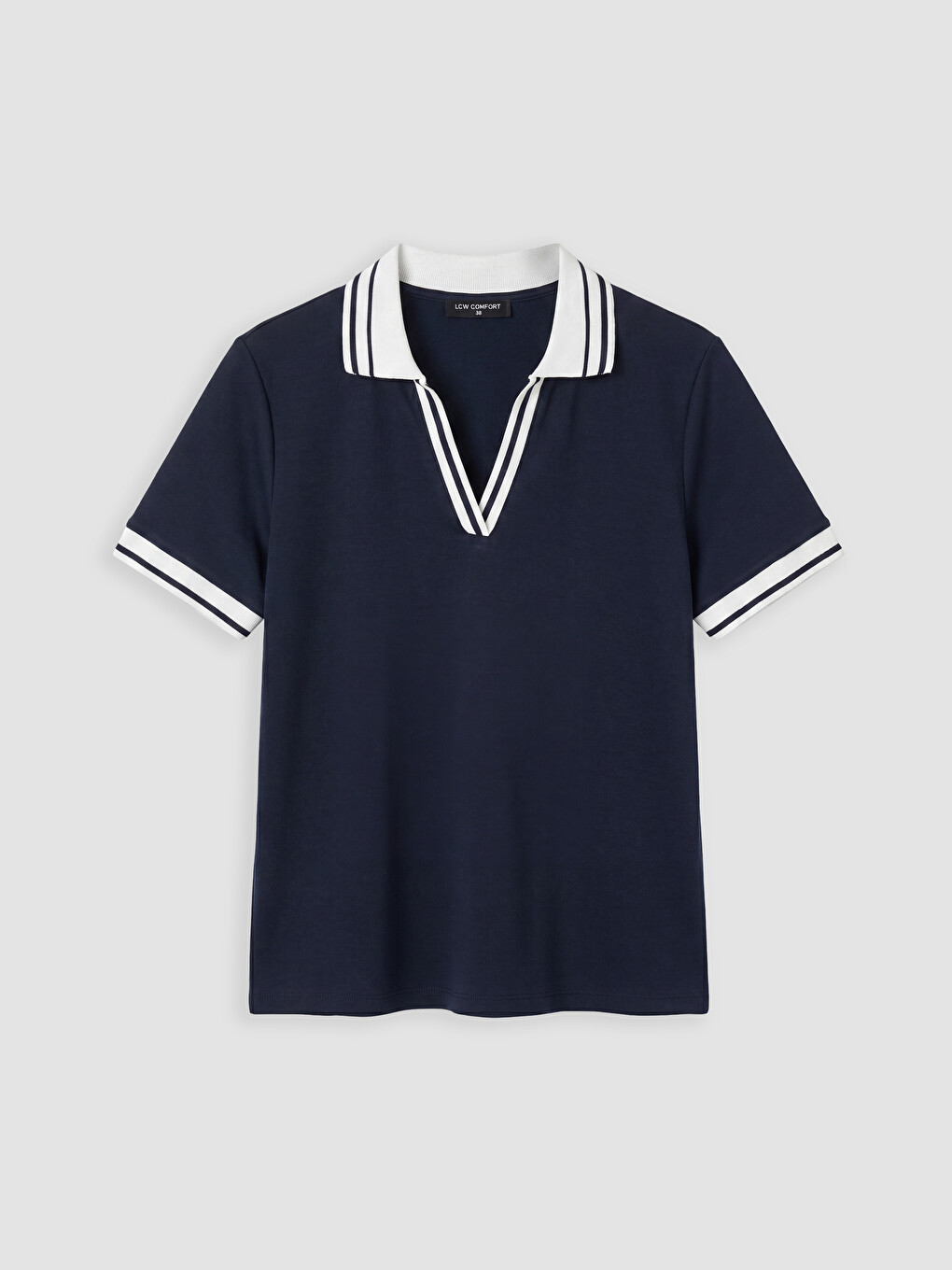 Lacivert Polo Yaka Şeritli Soft Touch Kadın Tişört