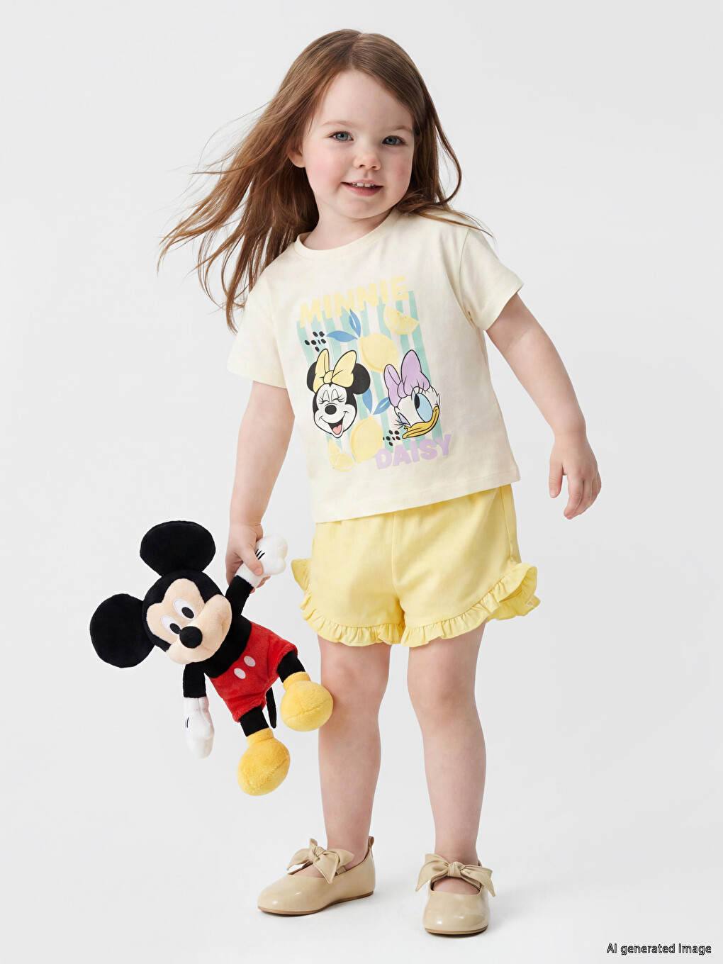 Ekru Minnie Mouse Baskılı Kız Bebek Şortlu Takım