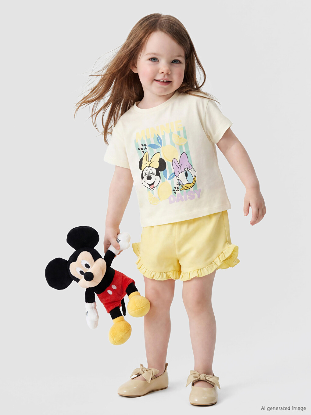 Ekru Minnie Mouse Baskılı Kız Bebek Şortlu Takım-1