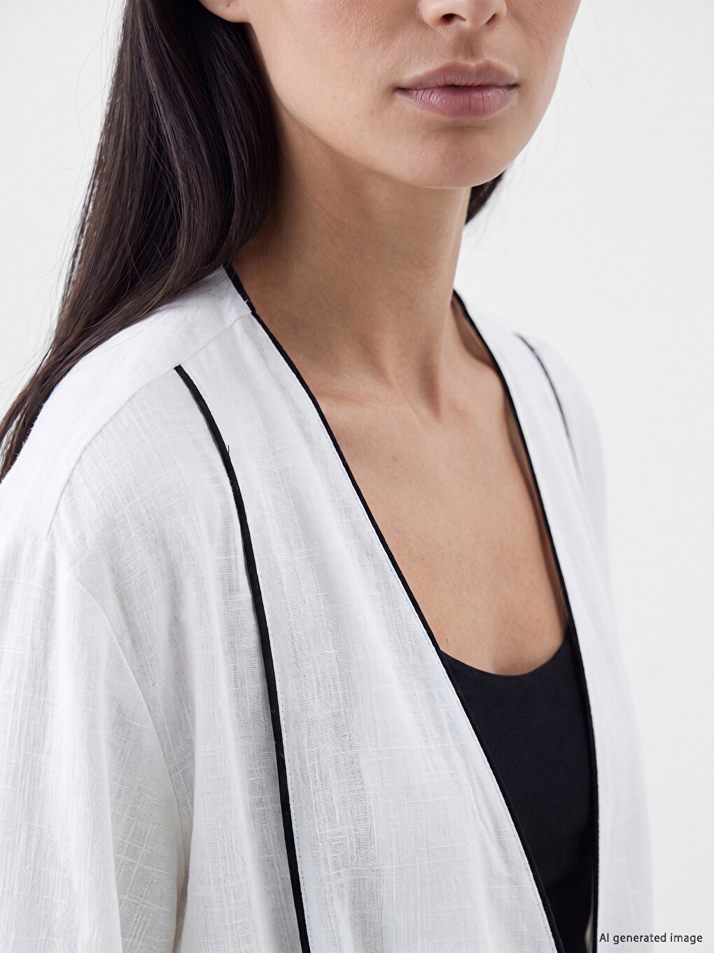 Beyaz V Yaka Çizgili Kadın Kimono-2